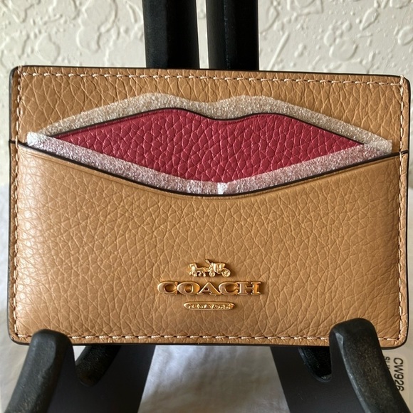 Coach: Tan Slim Credit Card Holder with Pink Lips- Wallet - Picture 1 of 16